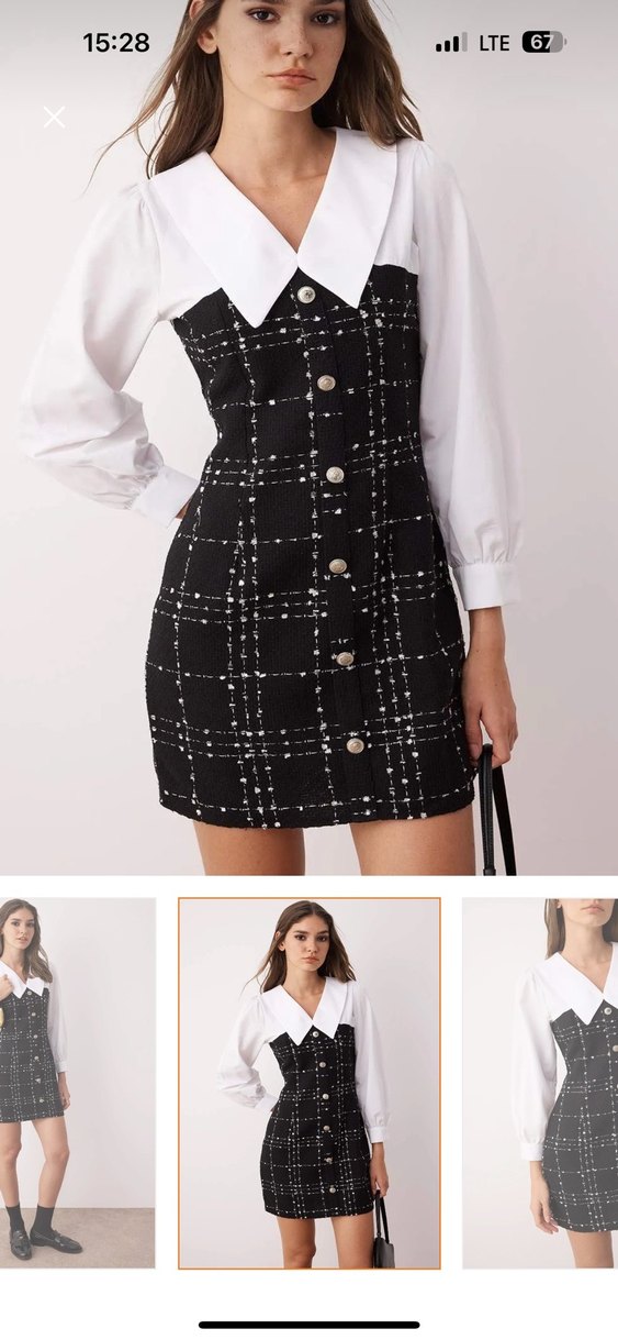 Düğmeli Siyah Kareli Midi Elbise - Görsel 2