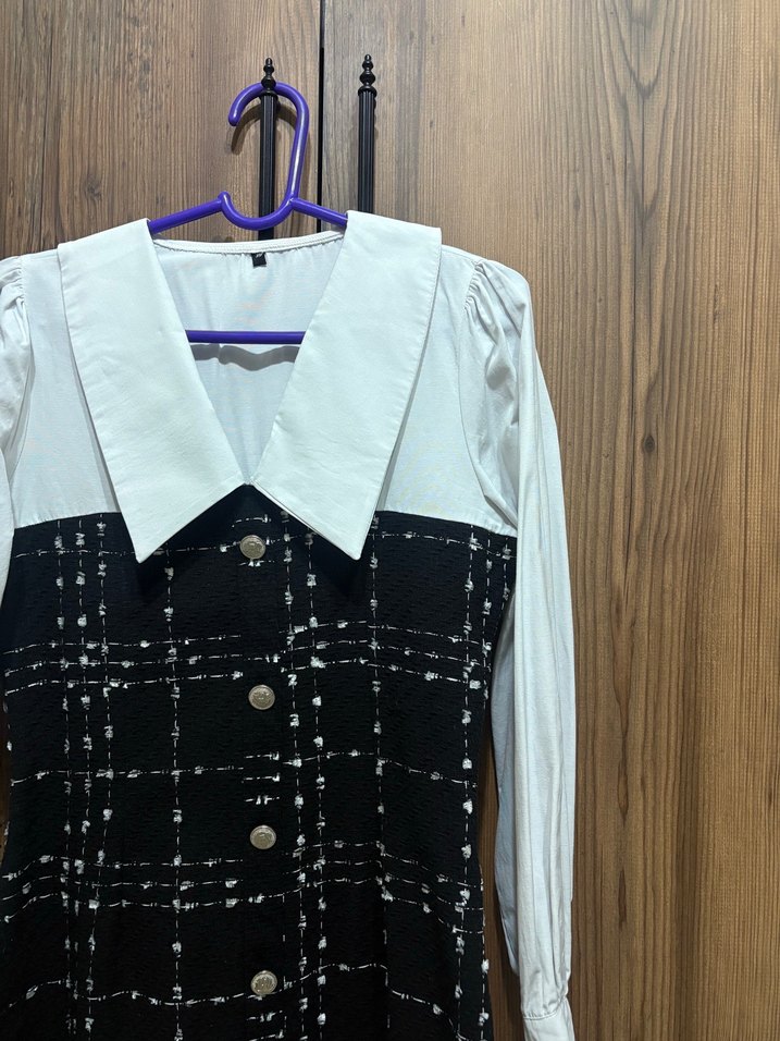 Düğmeli Siyah Kareli Midi Elbise - Görsel 4