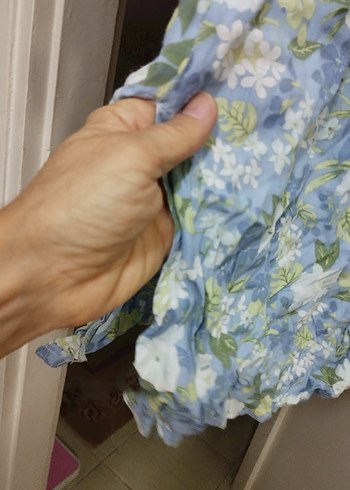 Düğmeli Mavi Çiçekli Keten Gömlek - Görsel 8