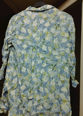 Düğmeli Mavi Çiçekli Keten Gömlek - Görsel 9