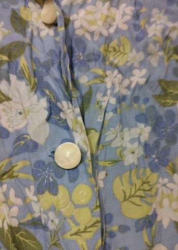 Düğmeli Mavi Çiçekli Keten Gömlek - Görsel 4