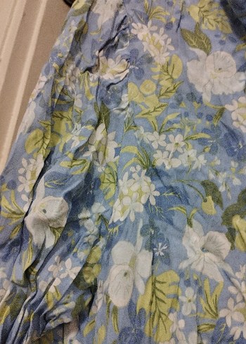 Düğmeli Mavi Çiçekli Keten Gömlek - Görsel 5