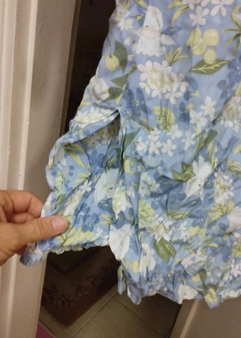 Düğmeli Mavi Çiçekli Keten Gömlek - Görsel 7