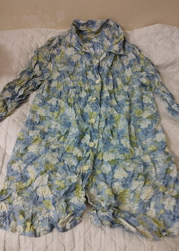 Düğmeli Mavi Çiçekli Keten Gömlek - Görsel 11