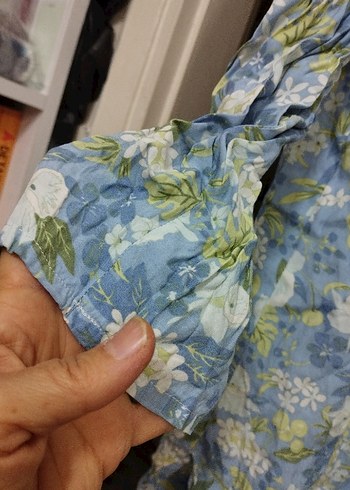 Düğmeli Mavi Çiçekli Keten Gömlek - Görsel 6