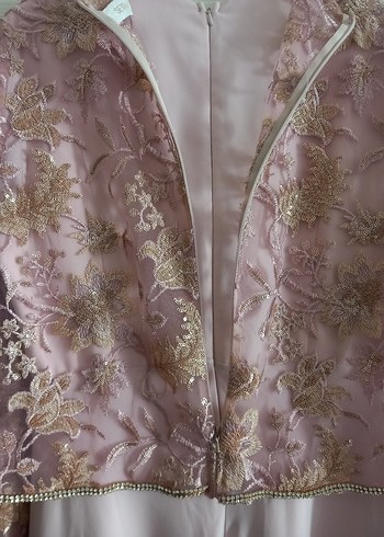 Dantel İşlemeli Pembe Uzun Kadın Abiye Elbise - Görsel 6