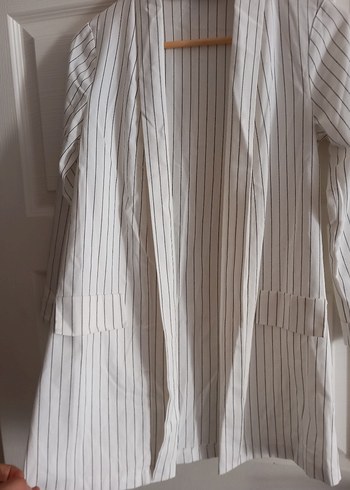 Kadın Beyaz Çizgili Keten Ceket - Görsel 3