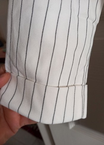 Kadın Beyaz Çizgili Keten Ceket - Görsel 4