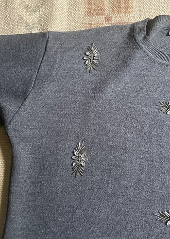 Gri Nakışlı  Kadın Denim Kazak - Görsel 10