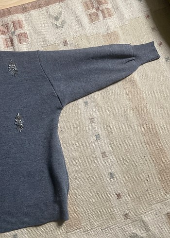 Gri Nakışlı  Kadın Denim Kazak - Görsel 5