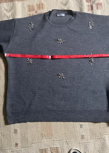 Gri Nakışlı  Kadın Denim Kazak - Görsel 6