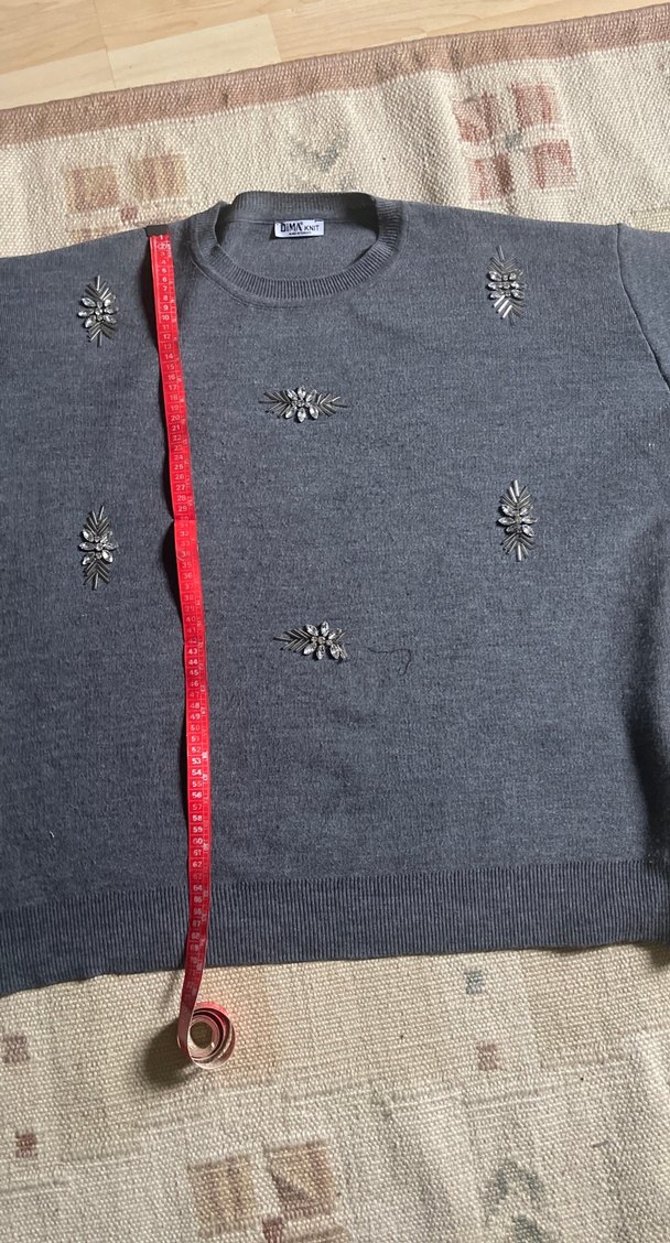 Gri Nakışlı  Kadın Denim Kazak - Görsel 2