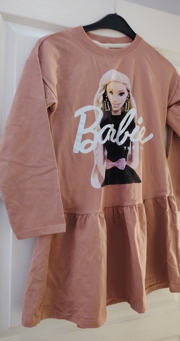 Uzun Kollu Barbie Baskılı Kız Elbisesi - Görsel 5