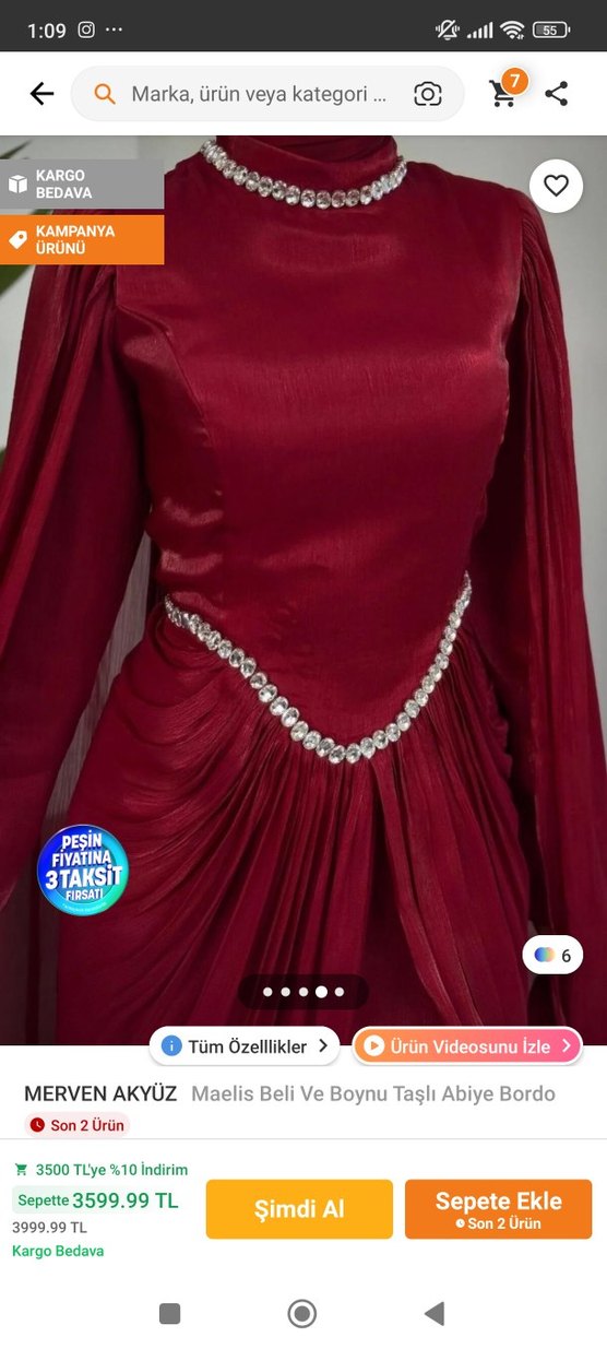 Bordo Uzun Drapeli Abiye Elbise - Görsel 3