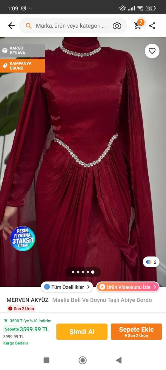 Bordo Uzun Drapeli Abiye Elbise - Görsel 2