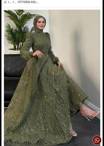 Şık Haki Uzun Kollu Abiye Elbise - Görsel 2