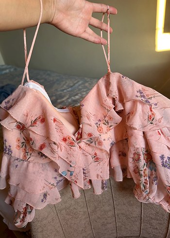 Pembe Çiçekli Fırfırlı Büstiyer