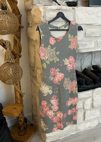 Gri Çiçek Desenli midi kalem Kolsuz Elbise - Görsel 3