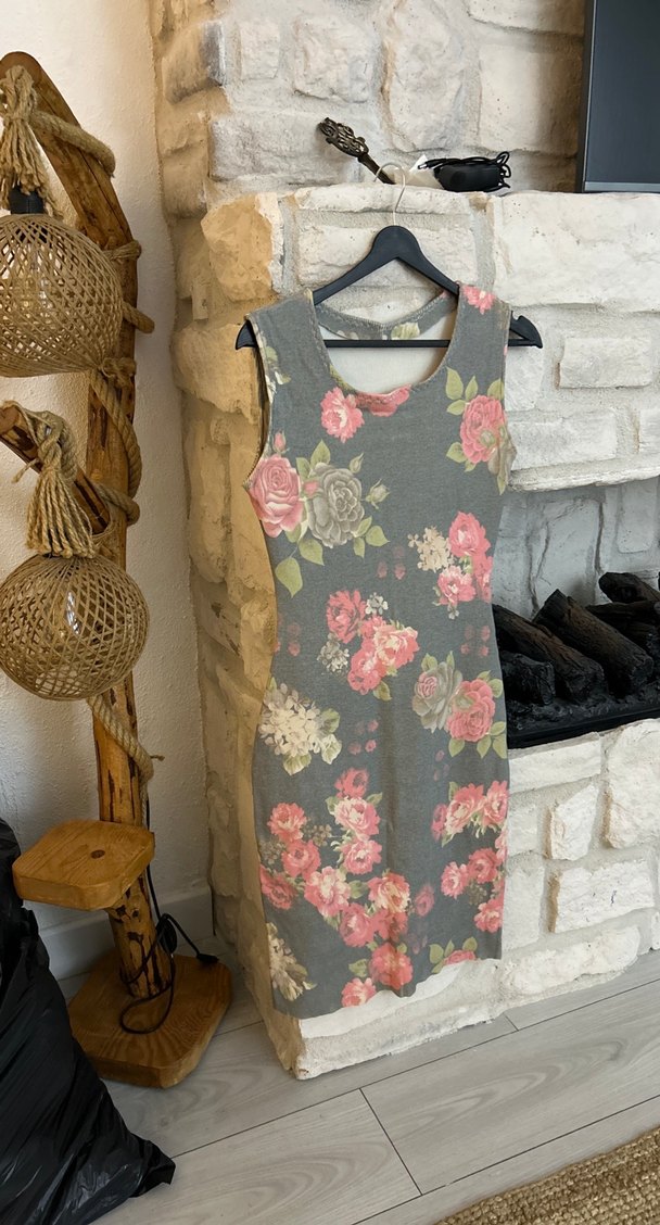 Gri Çiçek Desenli midi kalem Kolsuz Elbise - Görsel 3