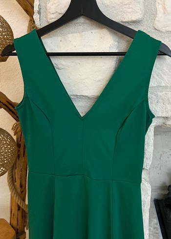V Yakalı Mini Yeşil Elbise - Görsel 3