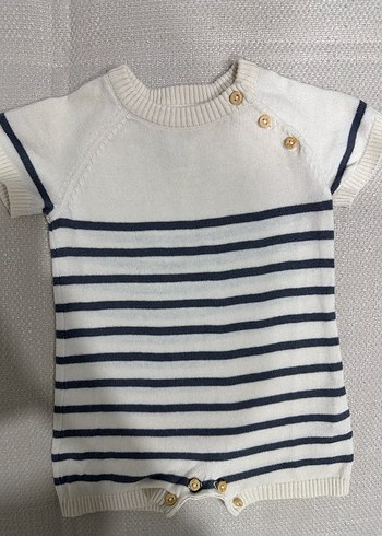 Beyaz Gri Çizgili Kısa Kollu Triko Tulum - Görsel 2