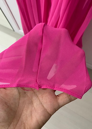 m Beden Koton Pembe Pilili Uzun Askılı Kadın Abiye Elbise