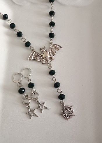  Beden gri Renk Uzun Siyah Boncuklu Gotik Rosary Kolye ve Küpe Seti