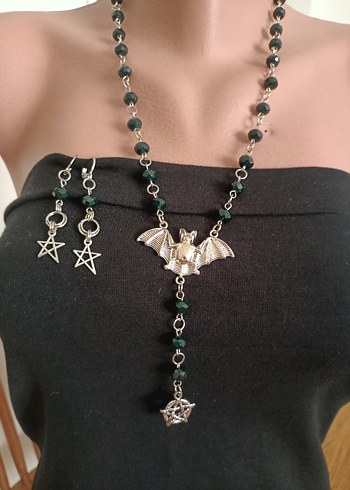 American Vintage Uzun Siyah Boncuklu Gotik Rosary Kolye ve Küpe Seti