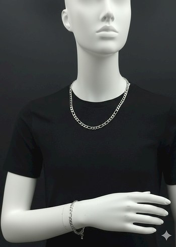 Erkek Gri Zincir Kolye ve Bileklik Seti - Görsel 3