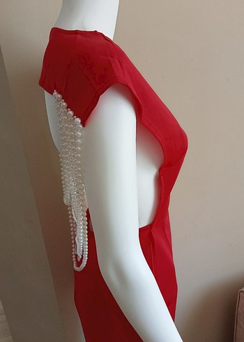İnci Detaylı Kırmızı Uzun Abiye Elbise - Görsel 3