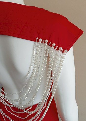 İnci Detaylı Kırmızı Uzun Abiye Elbise - Görsel 4