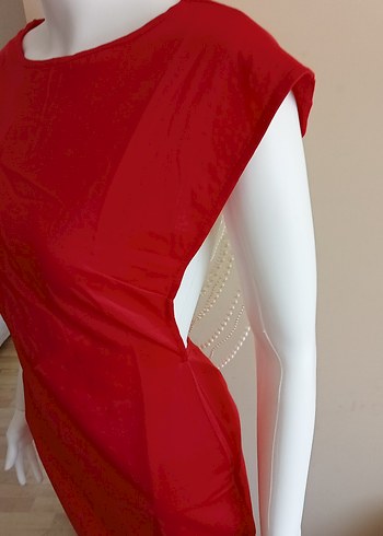 İnci Detaylı Kırmızı Uzun Abiye Elbise - Görsel 7