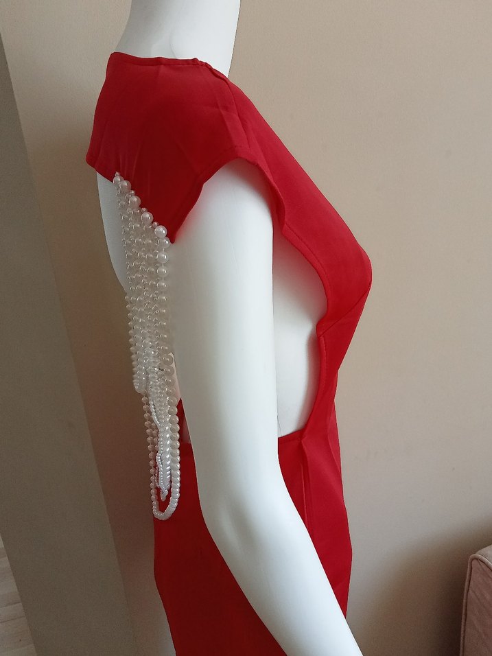 İnci Detaylı Kırmızı Uzun Abiye Elbise - Görsel 3