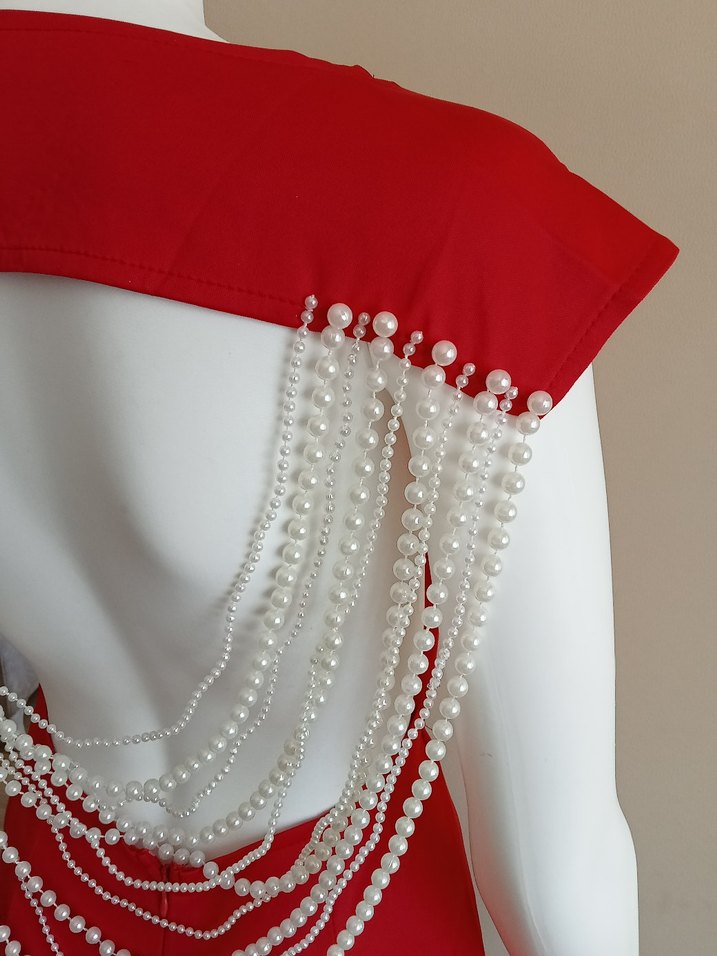 İnci Detaylı Kırmızı Uzun Abiye Elbise - Görsel 4