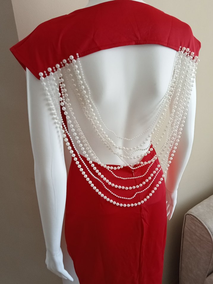 İnci Detaylı Kırmızı Uzun Abiye Elbise - Görsel 5