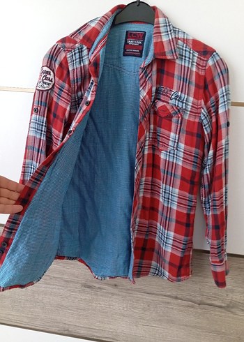 Erkek Çocuk Kırmızı Gri Uzun Kollu Denim Gömlek - Görsel 4