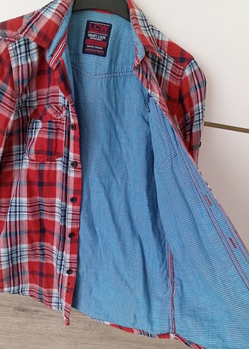 Erkek Çocuk Kırmızı Gri Uzun Kollu Denim Gömlek - Görsel 3