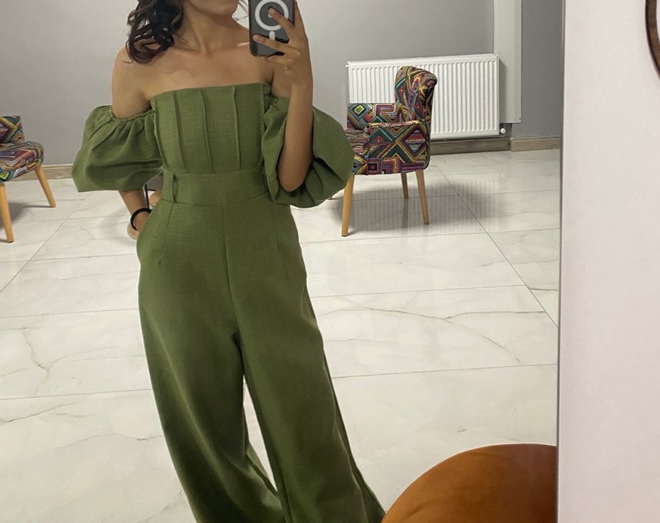 Kadın Kemerli Uzun Haki Tulum - Görsel 5