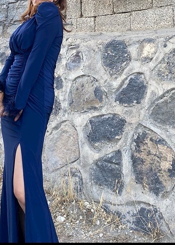 Uzun Kollu V Yaka Drapeli Mavi Abiye Elbise - Görsel 2