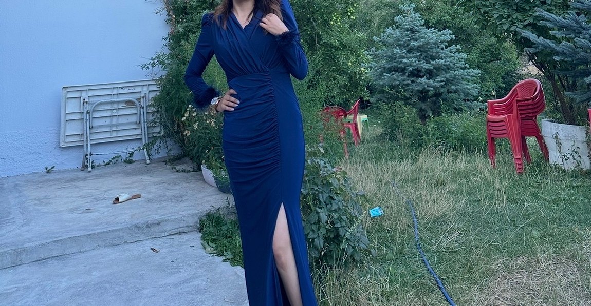 Uzun Kollu V Yaka Drapeli Mavi Abiye Elbise - Görsel 3