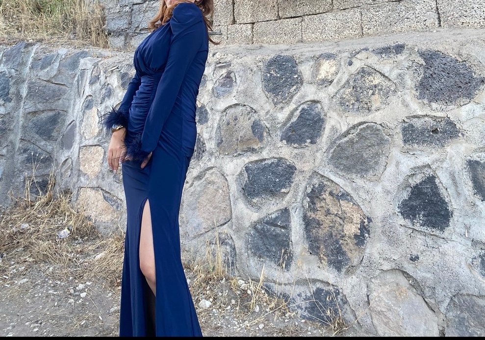 Uzun Kollu V Yaka Drapeli Mavi Abiye Elbise - Görsel 2