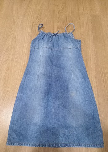 Mavi Kot Midi Boy Askılı Elbise