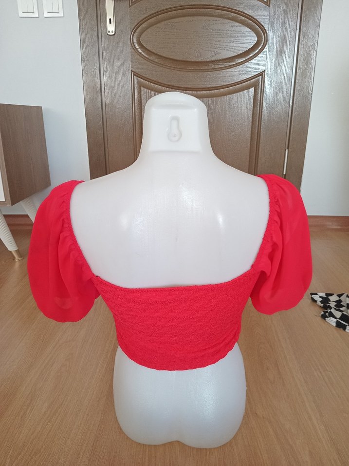 Kırmızı Mini Düğmeli Kadın Bluz - Görsel 2