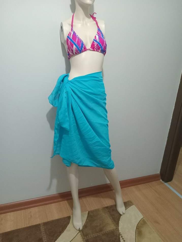 Turkuaz Mini Drapeli Kadın Pareo - Görsel 3