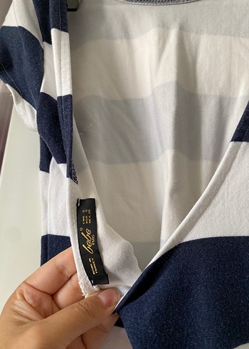 s Beden beyaz Renk Çizgili, Kısa Kollu Uzun Elbise