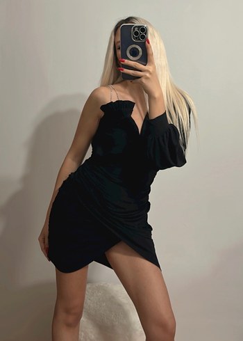 xs Beden siyah Renk Siyah Drapeli Taş Askılı Mini Abiye Elbise