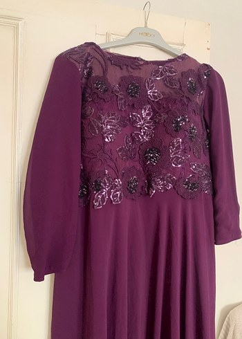 48 Beden Mor Nakışlı Uzun Kollu Vintage Elbise