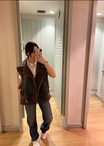 Kahverengi Kürklü Deri Biker Yelek - Görsel 4