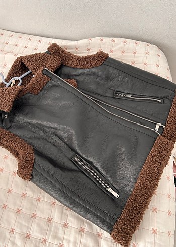 Kahverengi Kürklü Deri Biker Yelek - Görsel 2