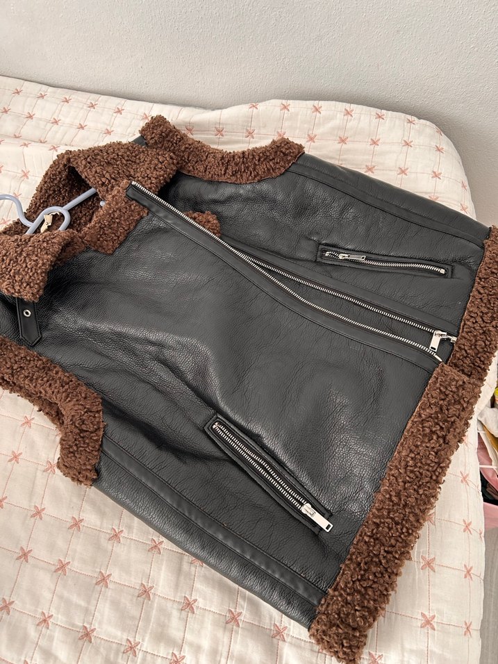 Kahverengi Kürklü Deri Biker Yelek - Görsel 2